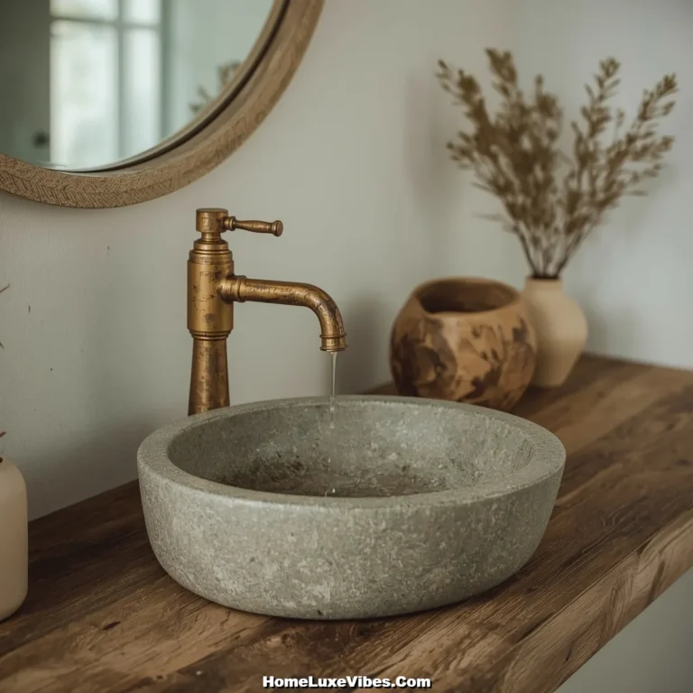 Aged Brass Fixtures Paired with Stone Sinks