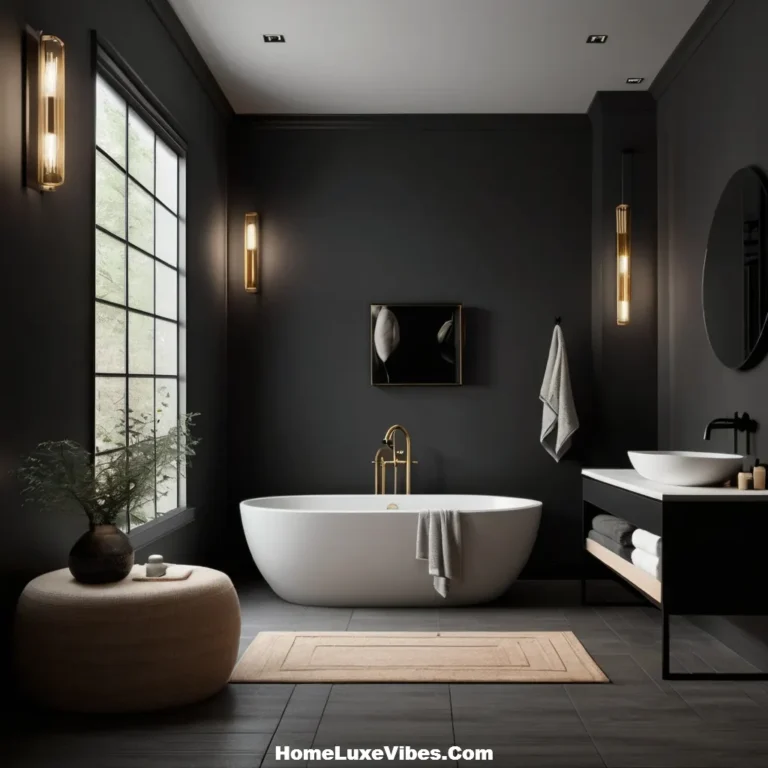Bathroom with Charcoal Walls and White Fixtures