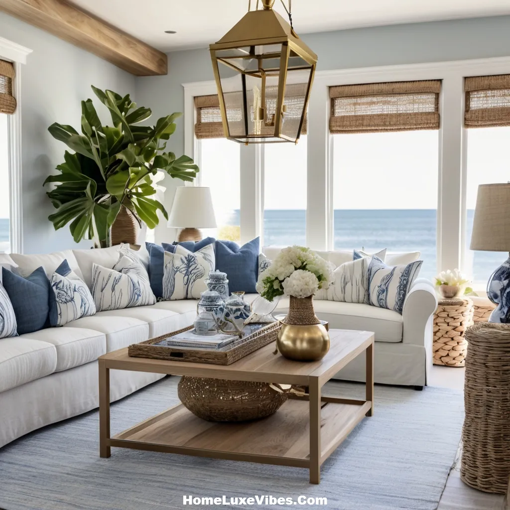 Coastal Living Room with Brass and Nautical Accents result Coastal Living Room with Brass and Nautical Accents