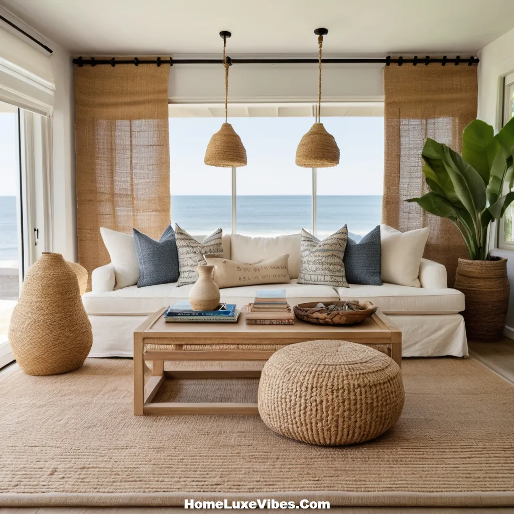 Coastal Living Room with Layered Jute and Patterned Rugs result Coastal Living Room with Layered Jute and Patterned Rugs
