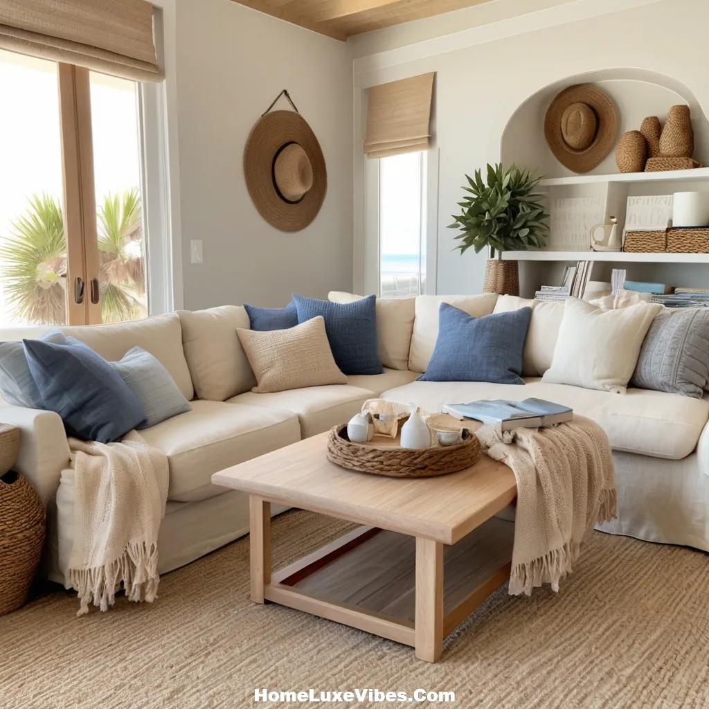 Coastal Living Room with Layered Throws and Cushions result Coastal Living Room with Layered Throws and Cushions