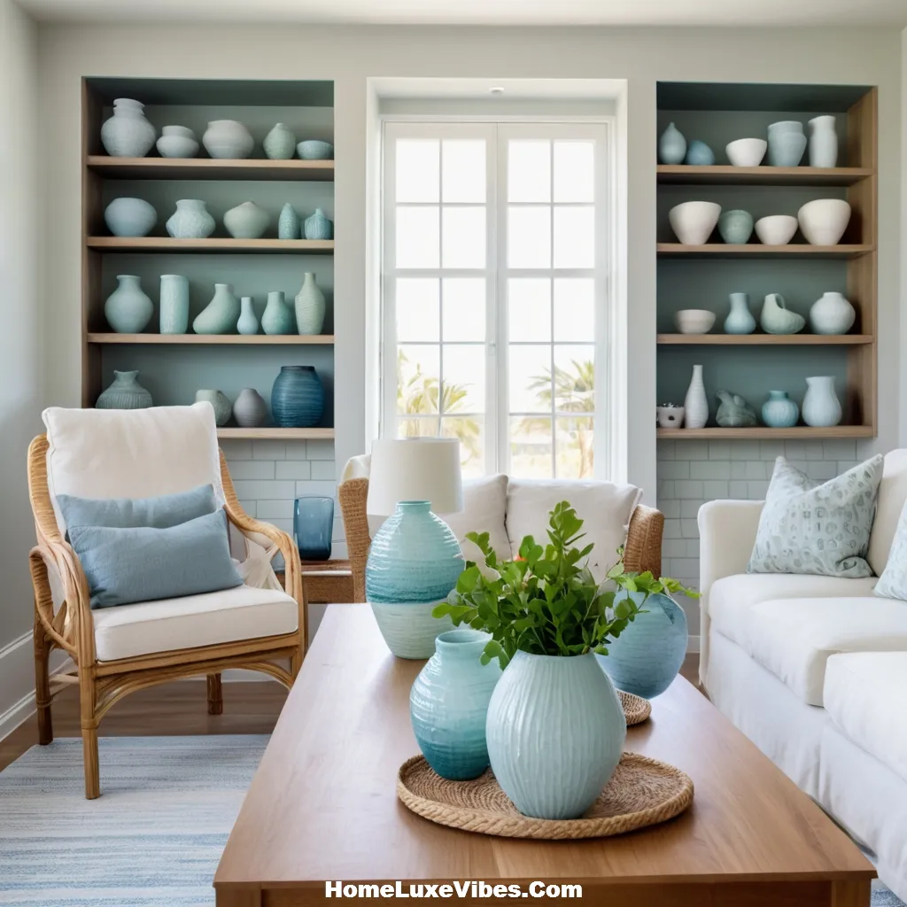 Coastal Living Room with Sea Glass Vases and Ceramics result Coastal Living Room with Sea Glass Vases and Ceramics