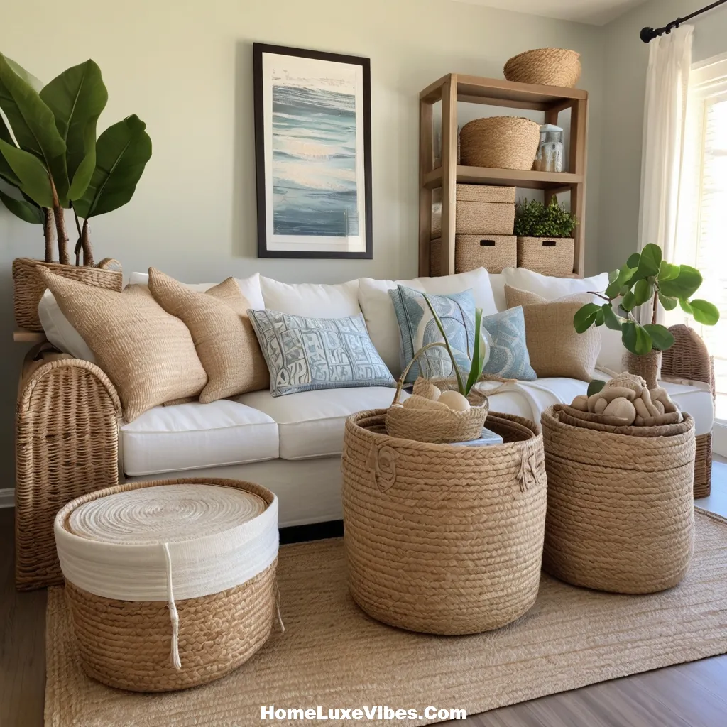 Coastal Living Room with Woven Baskets and Storage result Coastal Living Room with Woven Baskets and Storage