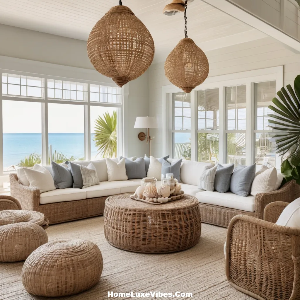 Coastal Living Room with Woven Pendant Lights result Coastal Living Room with Woven Pendant Lights