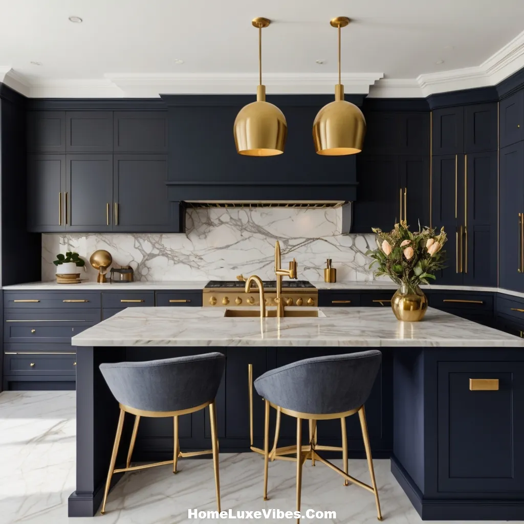 Navy Blue Kitchen with Brass Hardware and Marble Accents result Navy Blue Kitchen with Brass Hardware and Marble Accents