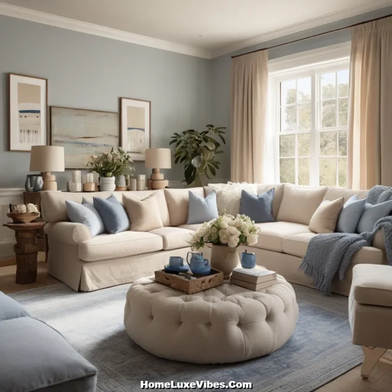 Neutral Living Room with Soft Blue Accent Decor