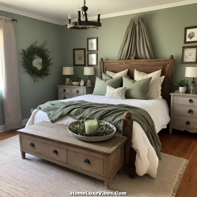 Sage Green and Grey Bedroom with Vintage Furniture and Decor