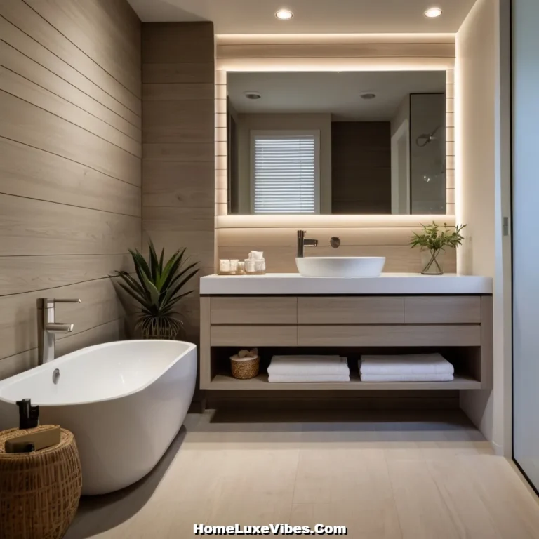 Shiplap Bathroom Behind Floating Vanity – Sleek Modern Look