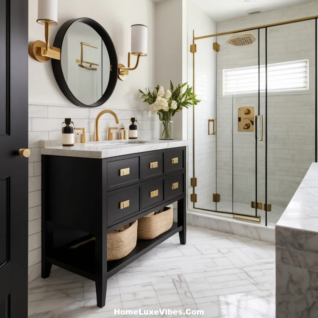 Transitional Bathroom with Black Vanity and White Marble result Transitional Bathroom with Black Vanity and White Marble