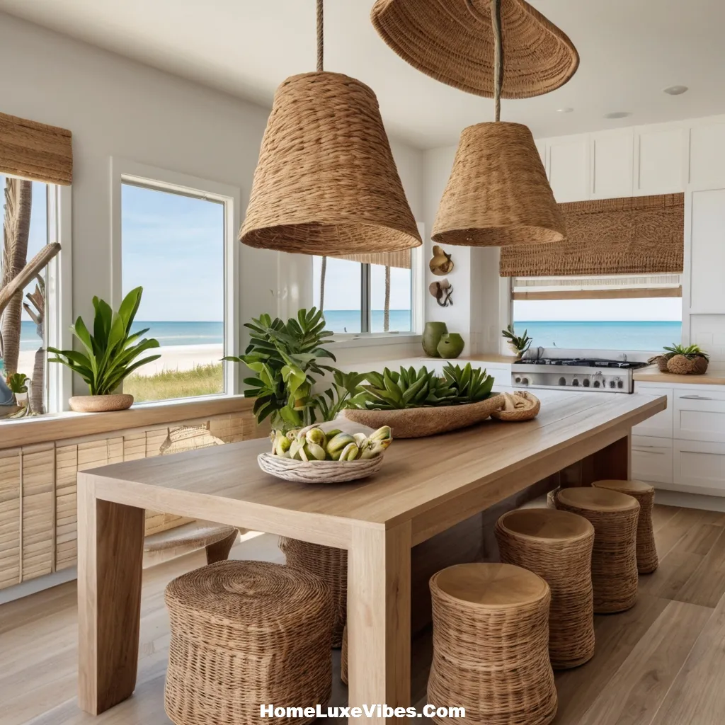 Beach Inspired Kitchen with Driftwood Island and Woven Lighting result Beach-Inspired Kitchen with Driftwood Island and Woven Lighting