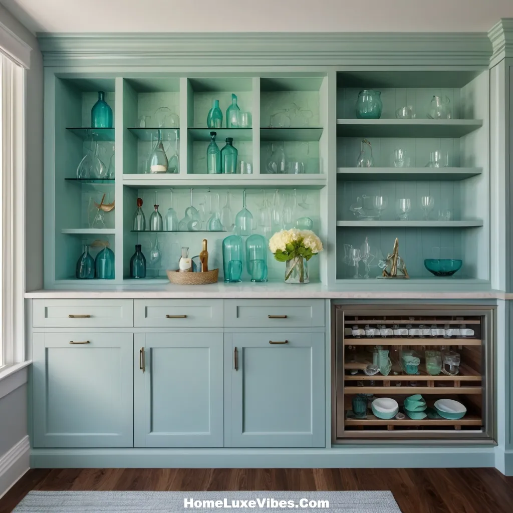 Beach Inspired Wet Bar with Aqua Cabinets and Sea Glass Backsplash result Beach-Inspired Wet Bar with Aqua Cabinets and Sea Glass Backsplash