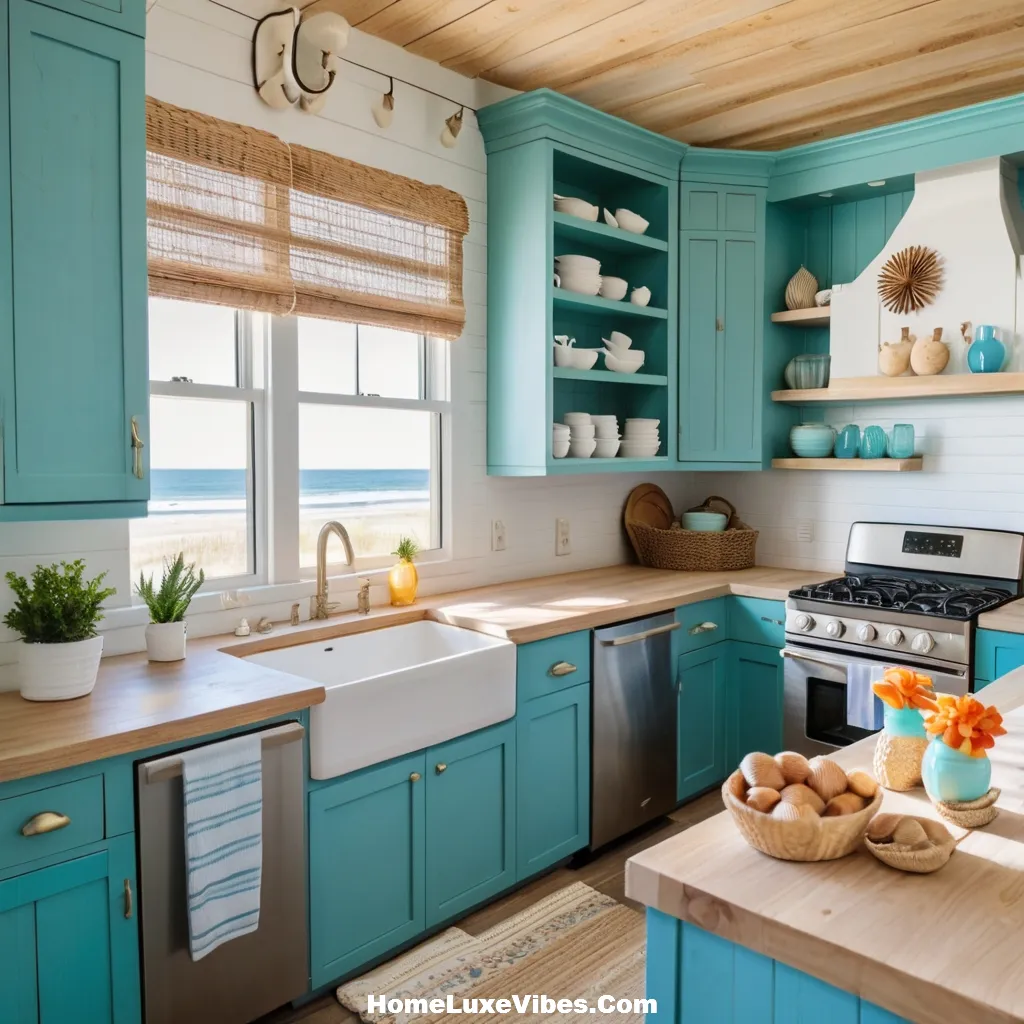 Beachy Coastal Kitchen with Turquoise Cabinets and Shiplap Walls result Beachy Coastal Kitchen with Turquoise Cabinets and Shiplap Walls