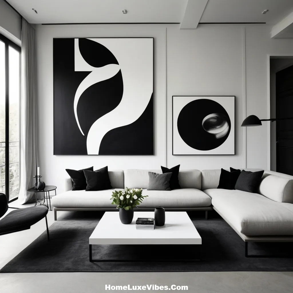 Black and White Living Room with Abstract Art result Black-and-White Living Room with Abstract Art