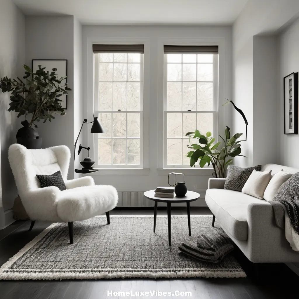 Black and White Living Room with Boucle Furniture result Black-and-White Living Room with Bouclé Furniture