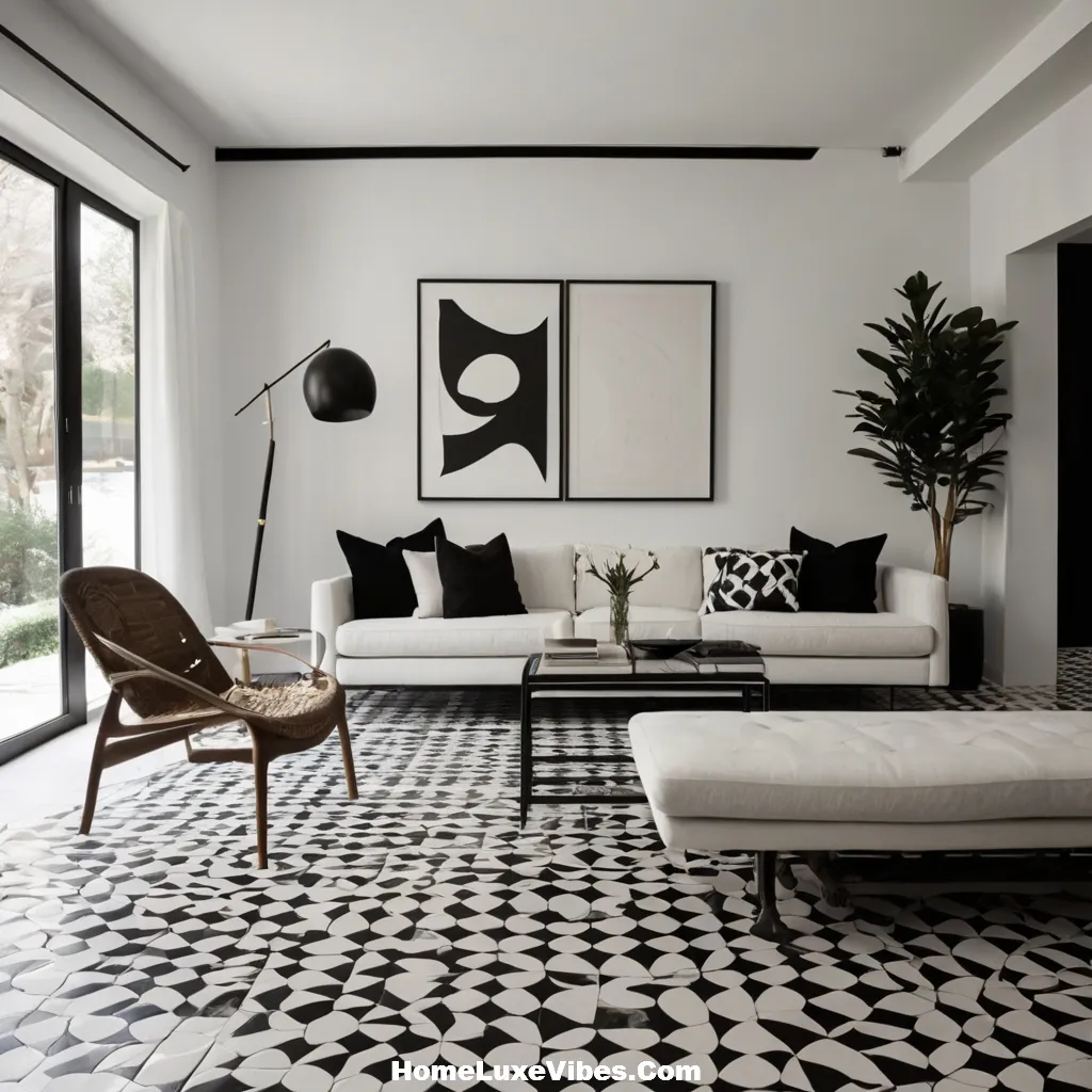 Black and White Living Room with Geometric Tile result Black-and-White Living Room with Geometric Tile