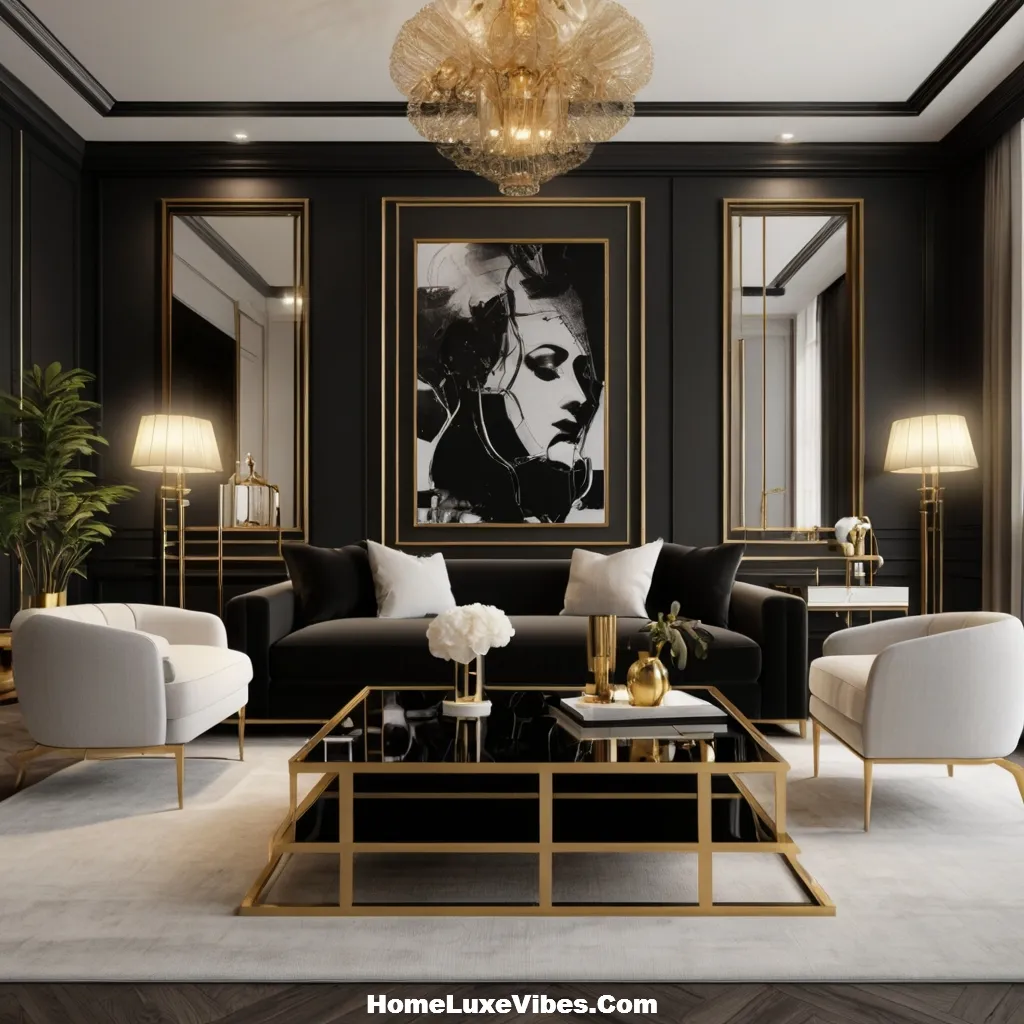 Black and White Living Room with Gold Accents result Black-and-White Living Room with Gold Accents
