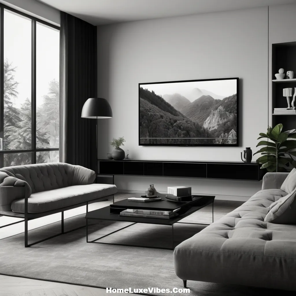 Black and White Living Room with Monochrome TV Display result Black-and-White Living Room with Monochrome TV Display