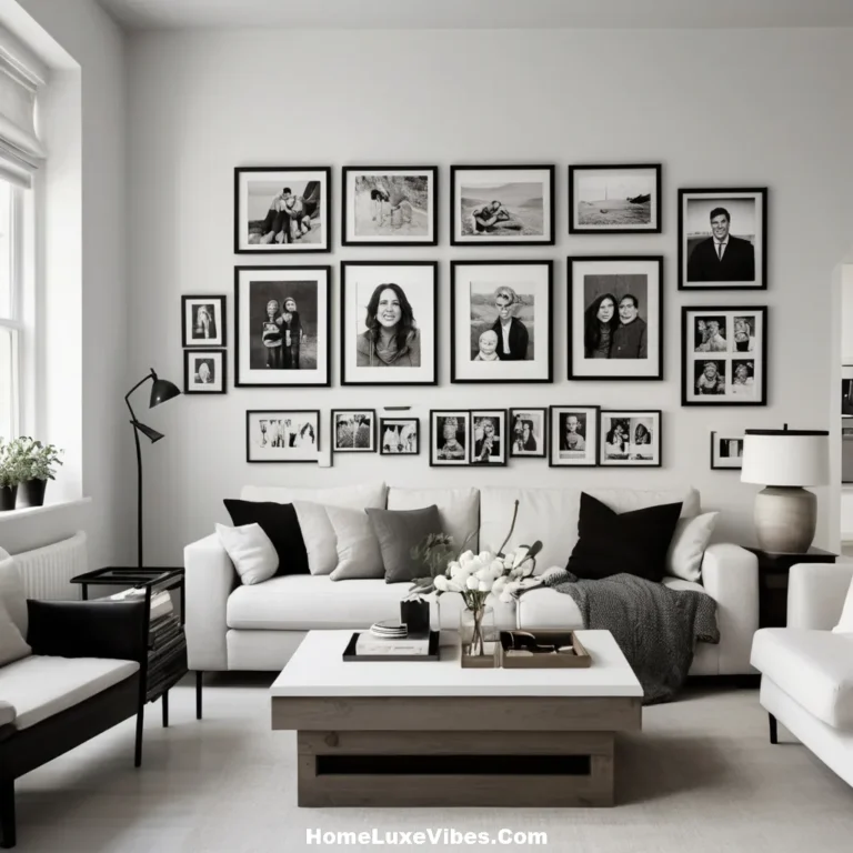 Black-and-White Living Room with Photo Wall