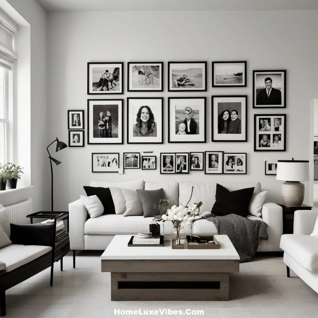 Black and White Living Room with Photo Wall result Black-and-White Living Room with Photo Wall