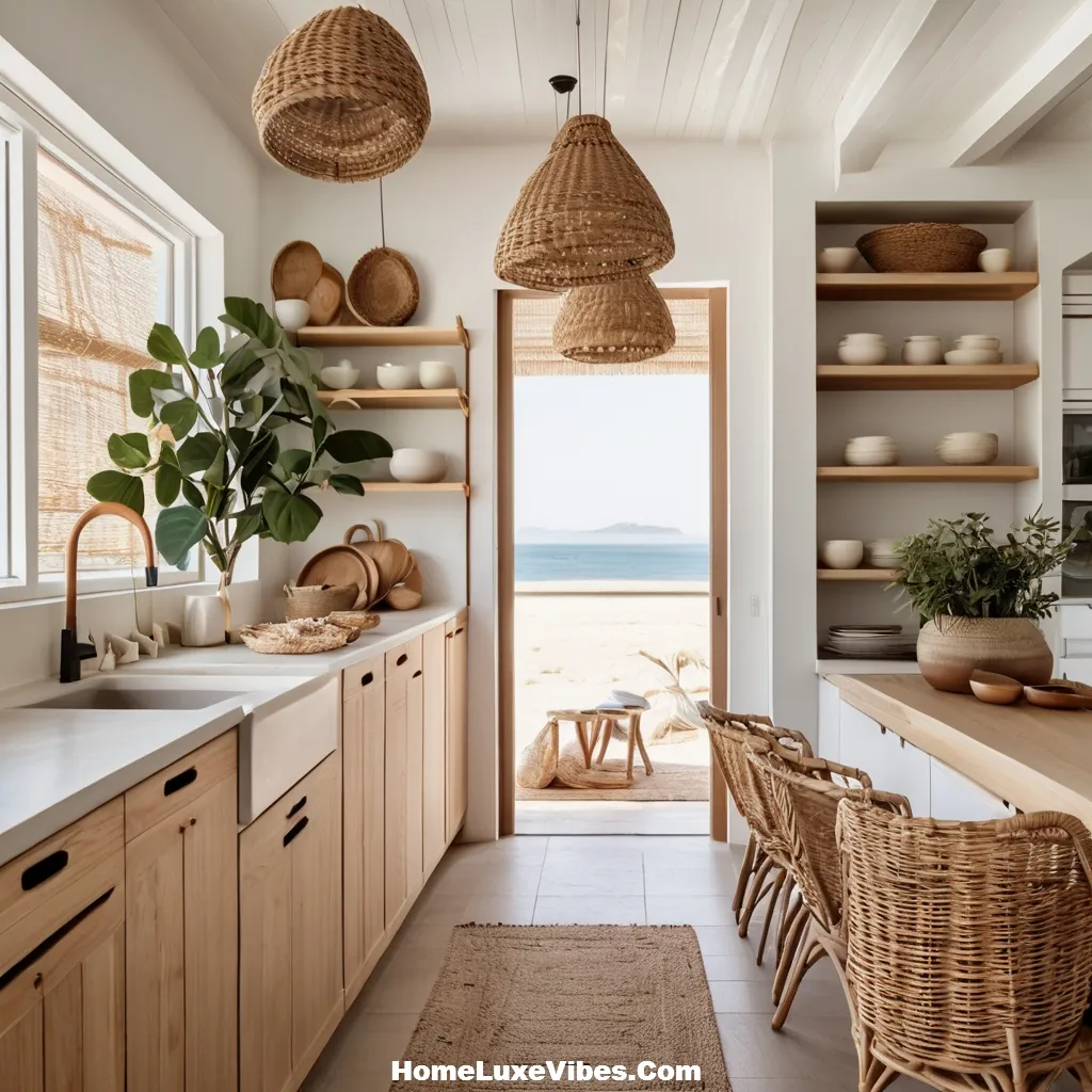 Casual Coastal Kitchen with Light Wood and Rattan Decor result Casual Coastal Kitchen with Light Wood and Rattan Decor