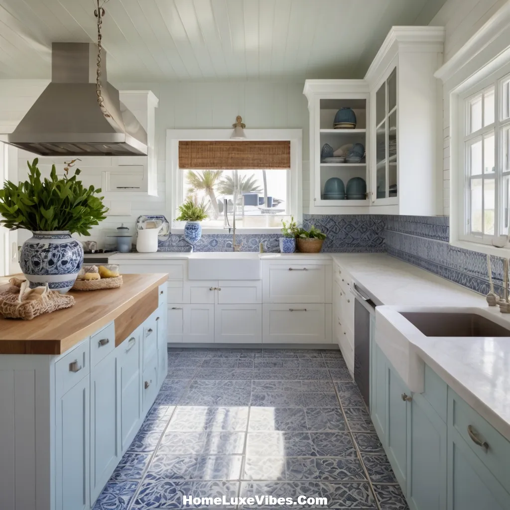 Coastal Kitchen with Blue and White Patterned Tiled Floor result Coastal Kitchen with Blue and White Patterned Tiled Floor