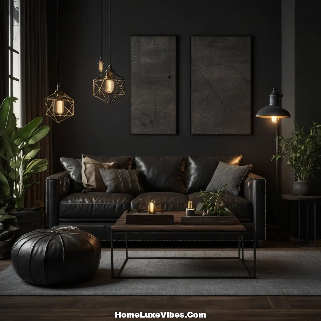 Dark and Moody Industrial Living Room with Black Leather Sofa result Dark and Moody Industrial Living Room with Black Leather Sofa