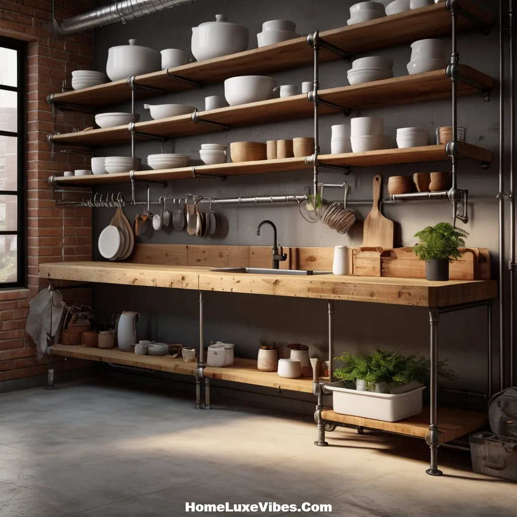 Exposed Shelving with Pipe Supports – Industrial Kitchen Design Inspiration result Exposed Shelving with Pipe Supports – Industrial Kitchen Design Inspiration
