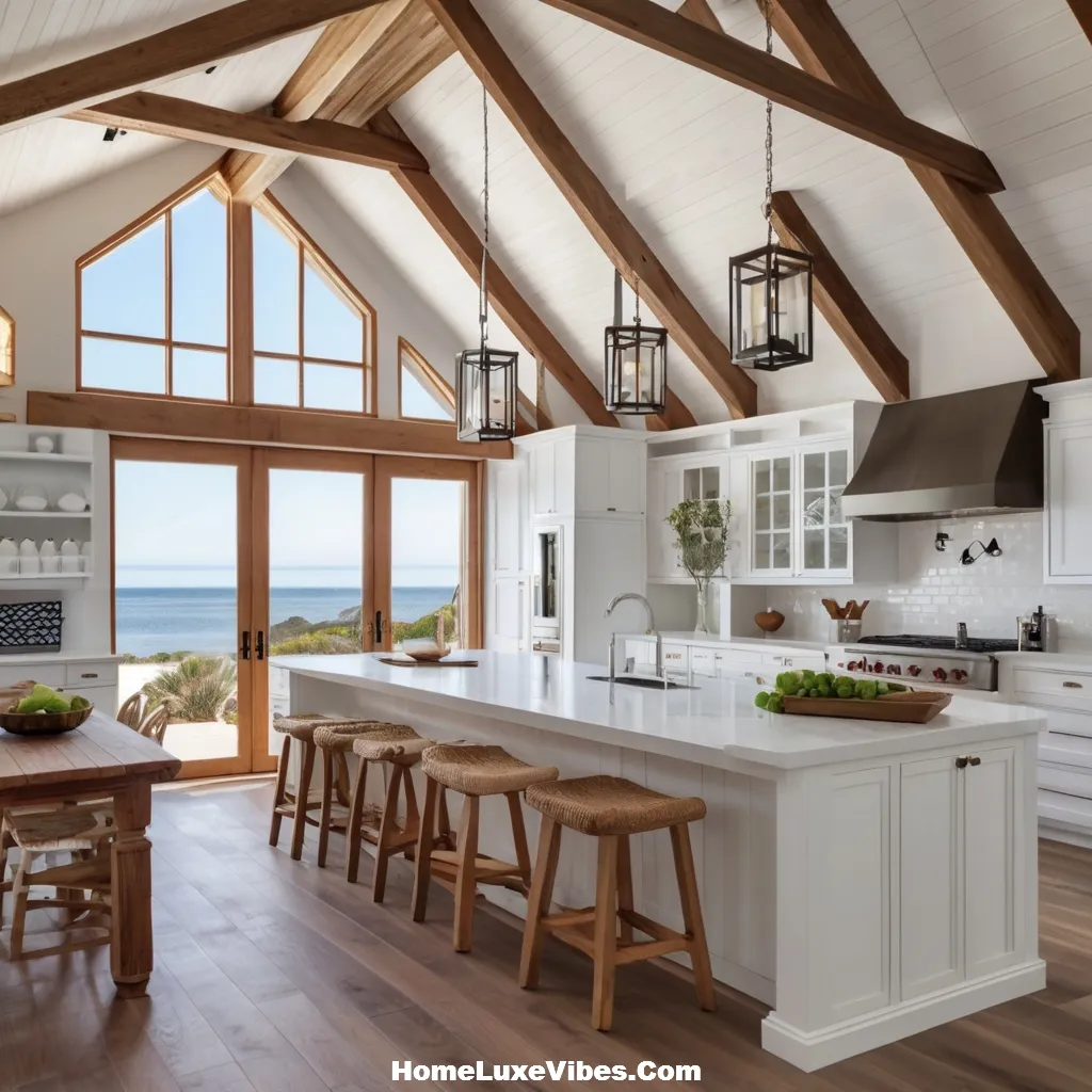 High Ceiling Coastal Kitchen with White Cabinets and Wooden Beams result High Ceiling Coastal Kitchen with White Cabinets and Wooden Beams
