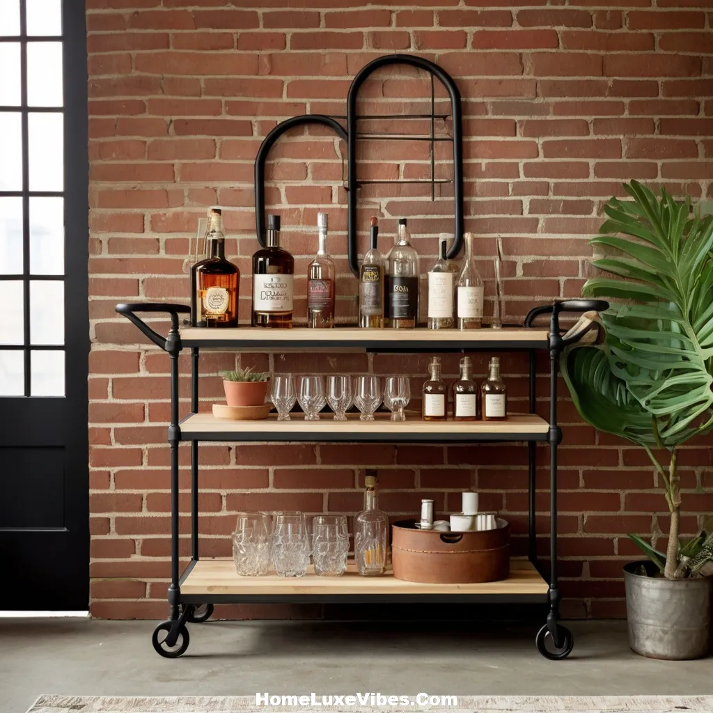 Industrial Bar Cart with Metal Frame and Wooden Shelves result Industrial Bar Cart with Metal Frame and Wooden Shelves