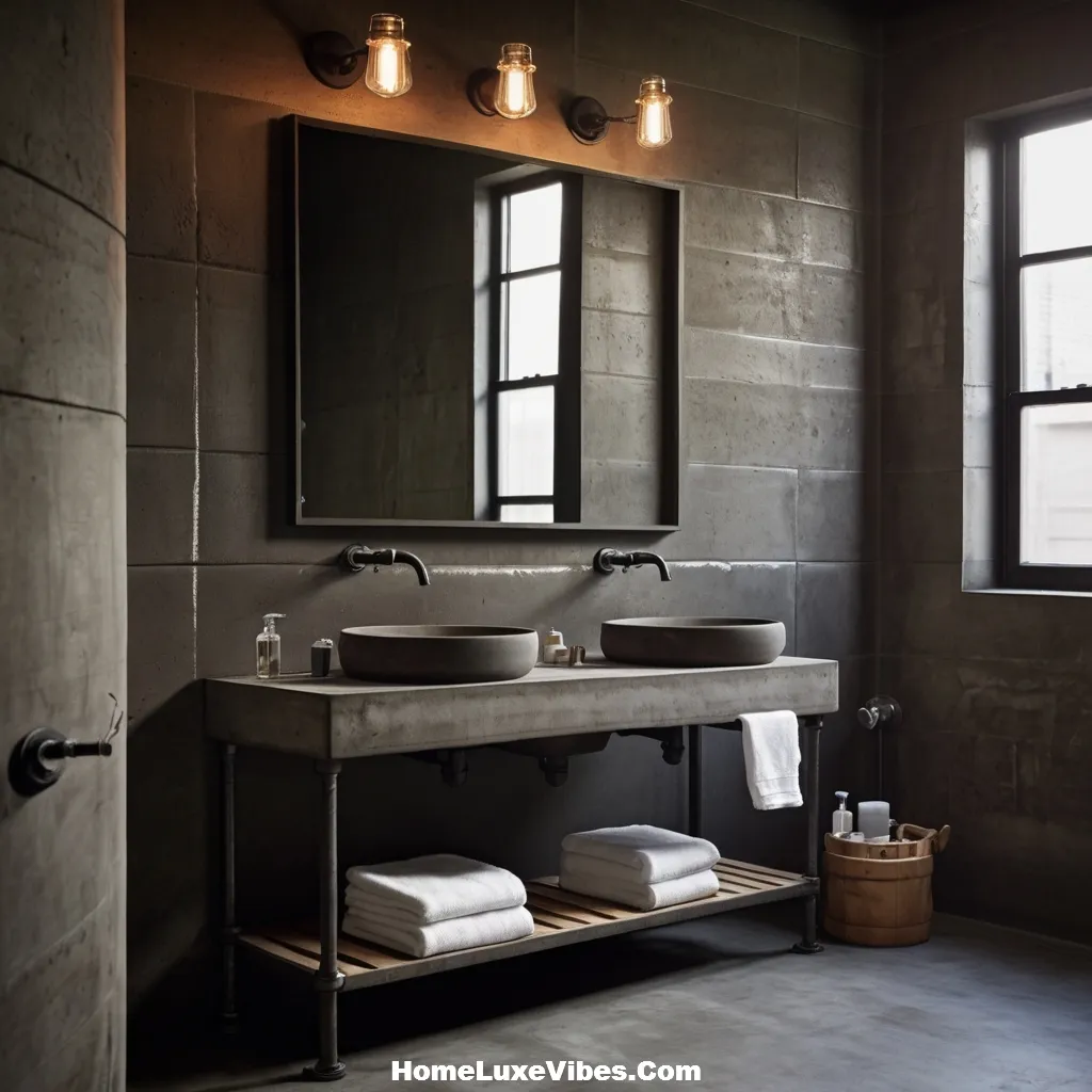 Industrial Bathroom Decor with Concrete Sink and Metal Industrial Bathroom Decor with Concrete Sink and Metal Fixtures