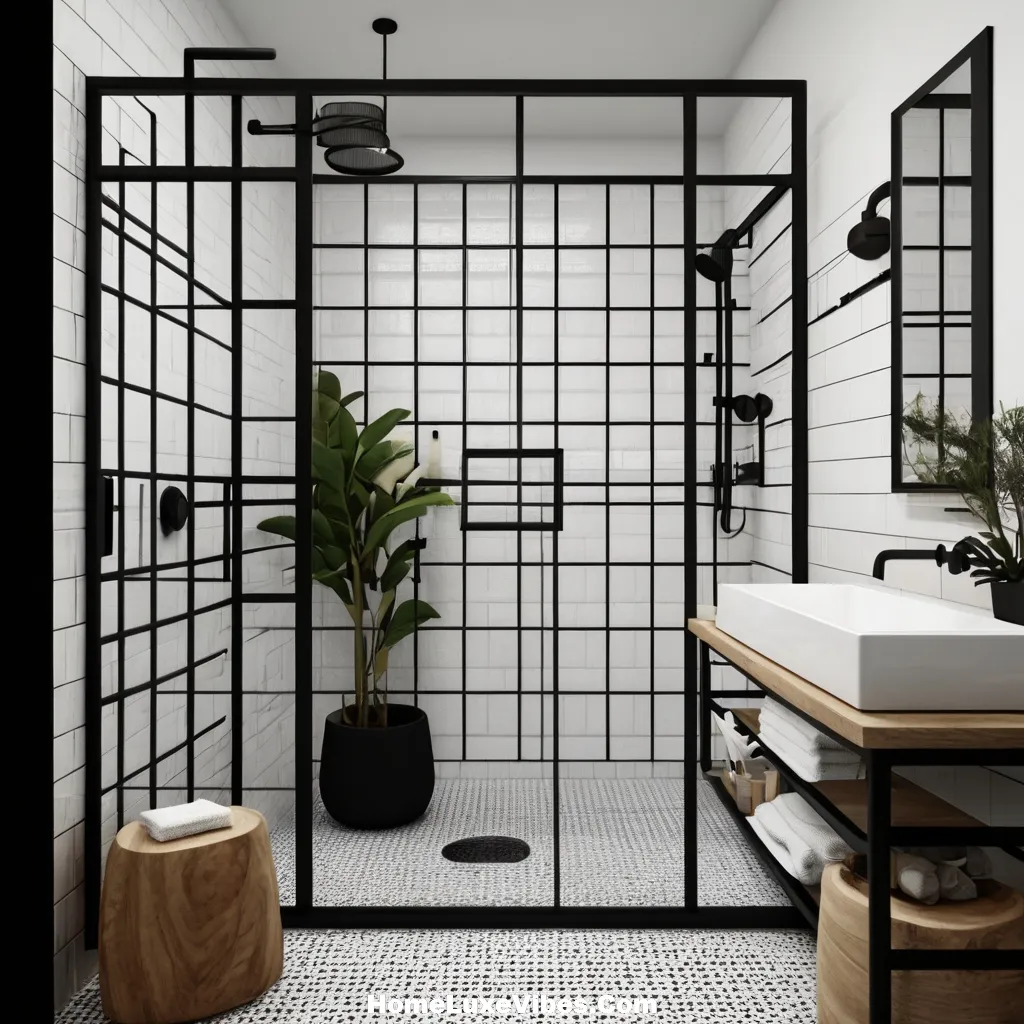 Industrial Bathroom with Statement Black Metal Shower Door result Industrial Bathroom with Statement Black Metal Shower Door