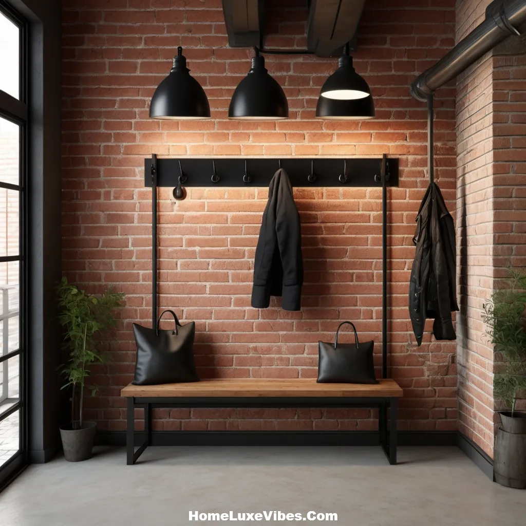 Industrial Entryway Decor with Bench and Metal Hooks result Industrial Entryway Decor with Bench and Metal Hooks