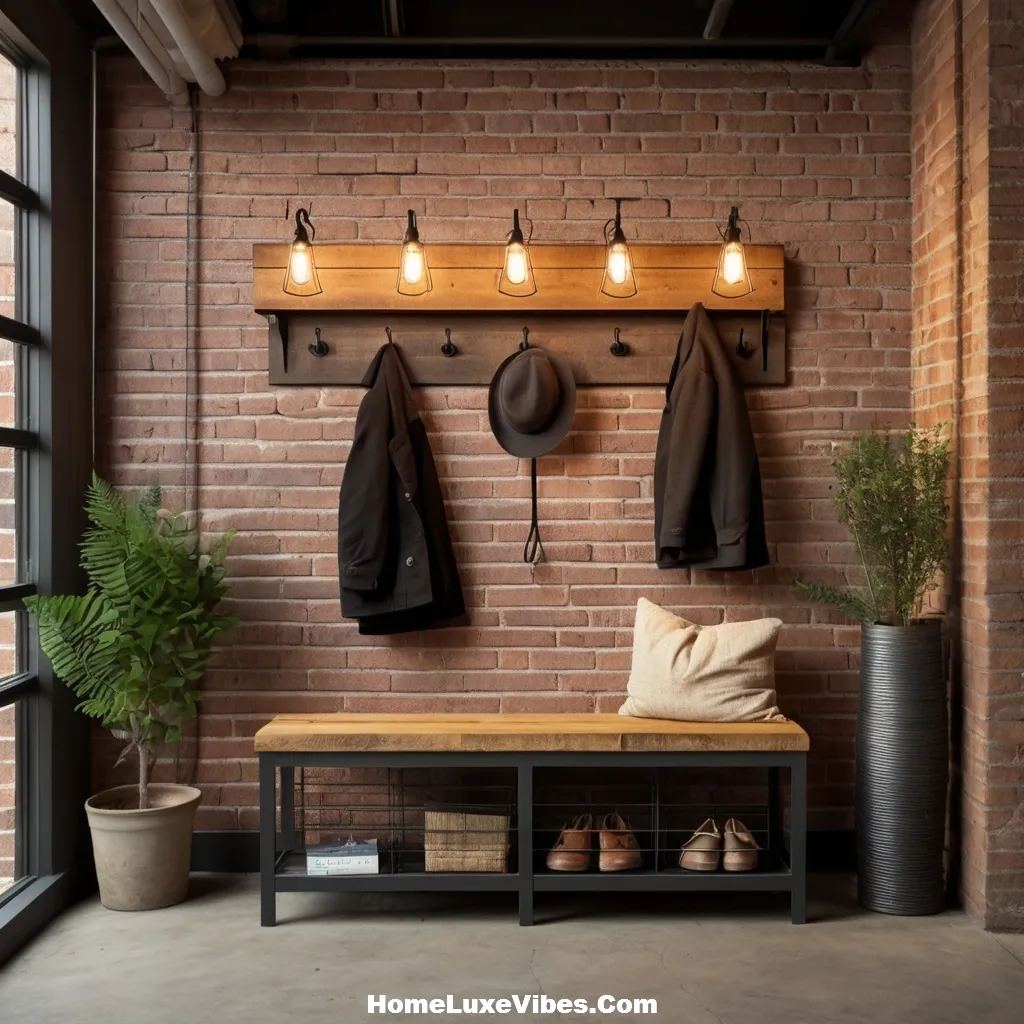 Industrial Entryway Decor with Metal Rack and Wooden Bench result Industrial Entryway Decor with Metal Rack and Wooden Bench