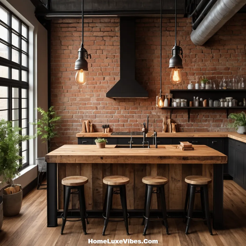 Industrial Living Room with Butcher Block Island and Metal Stools result Industrial Living Room with Butcher-Block Island and Metal Stools