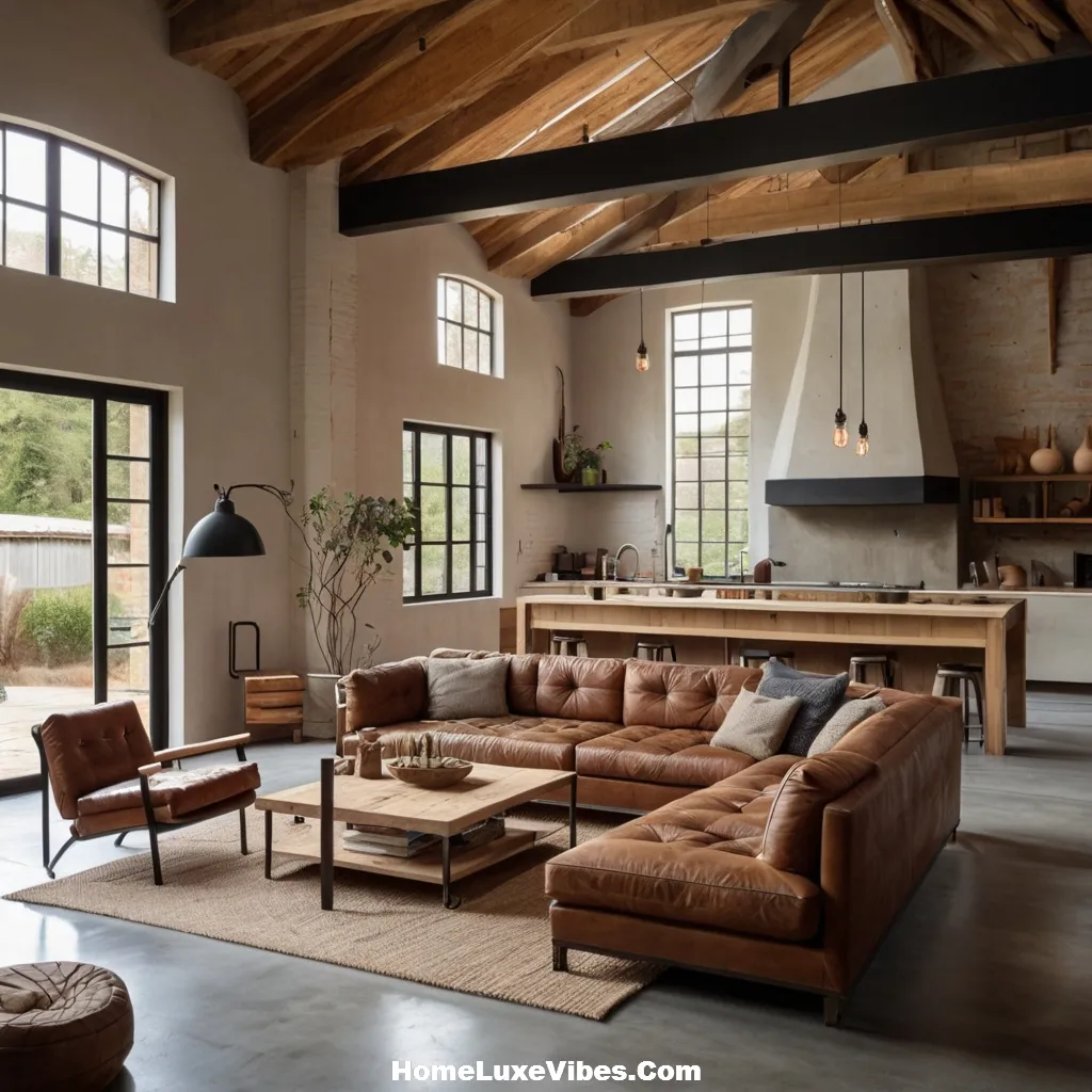 Industrial Living Room with Exposed Wood Ceiling and Leather Sofa result Industrial Living Room with Exposed Wood Ceiling and Leather Sofa