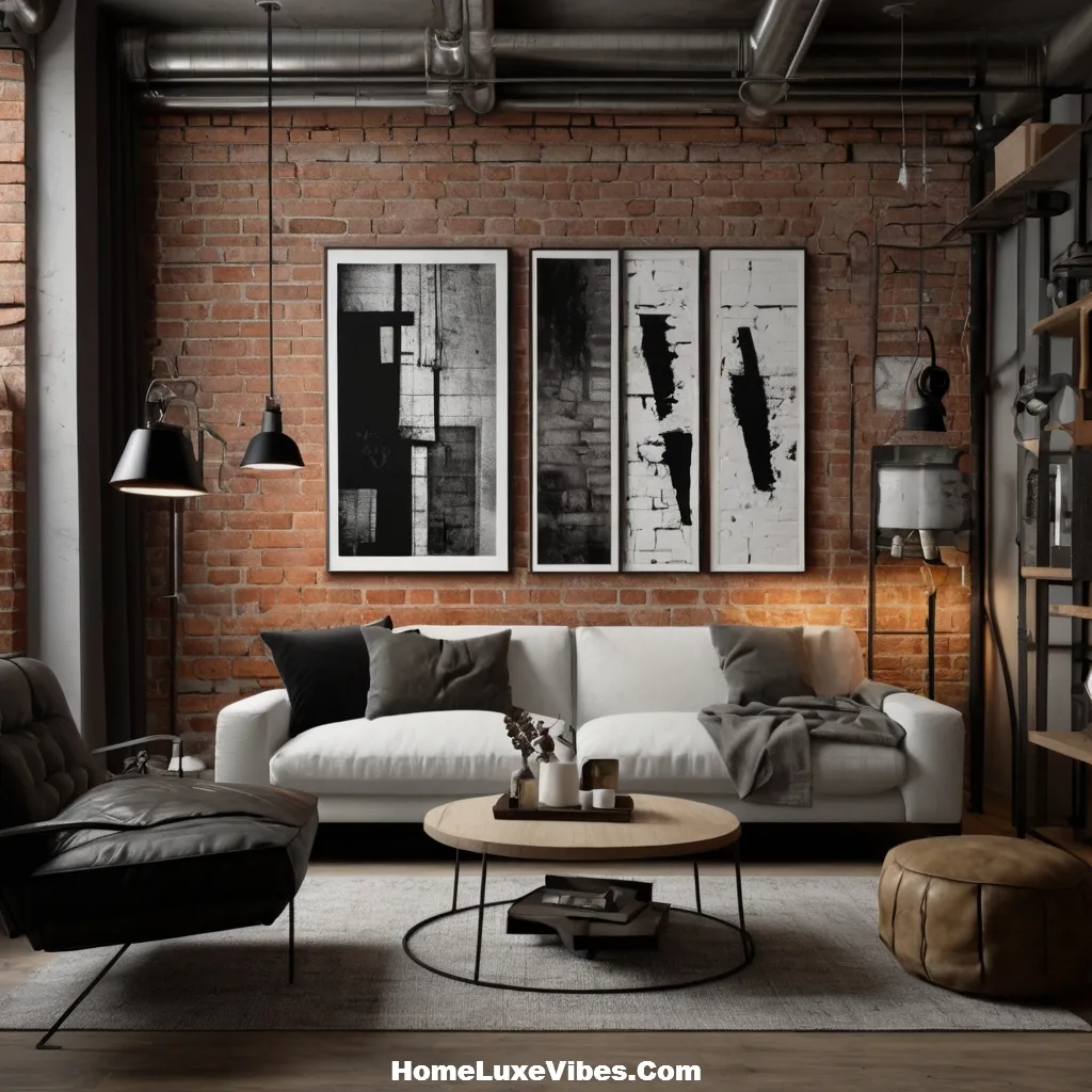 Industrial Living Room with Gallery Wall and Artistic Decor result Industrial Living Room with Gallery Wall and Artistic Decor