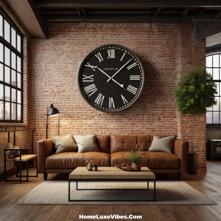 Industrial Living Room with Oversized Vintage Clock on Brick Wall