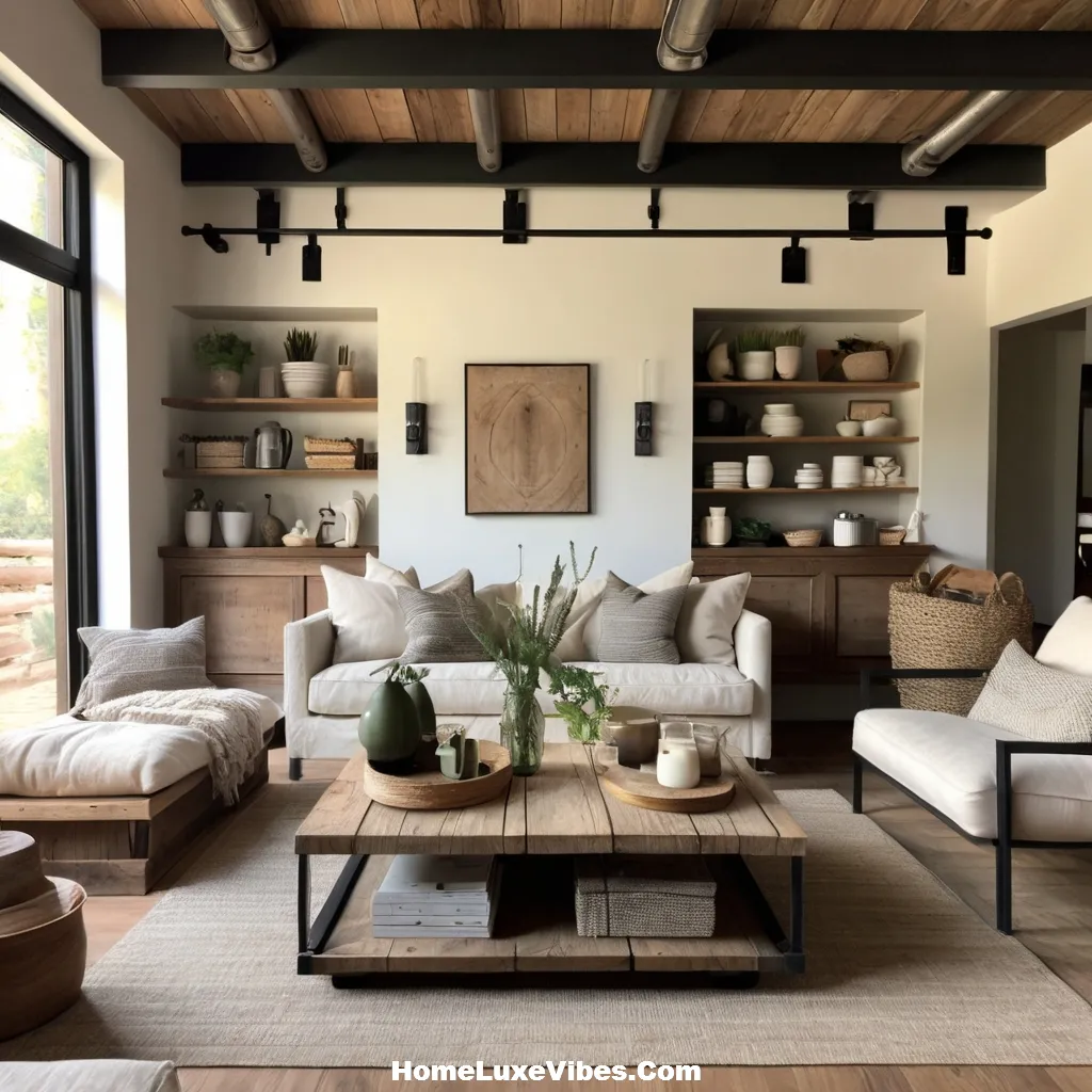Industrial Living Room with Raw Wood Coffee Table and Exposed Beams result Industrial Living Room with Raw Wood Coffee Table and Exposed Beams