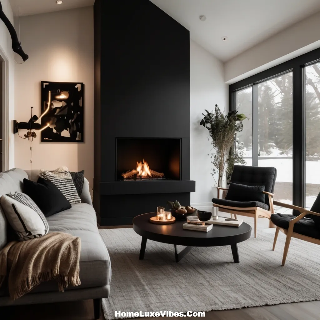 Leonardo Vision XL Black fireplace on white wall cozy seating 0 result Black Fireplace in a White Living Room