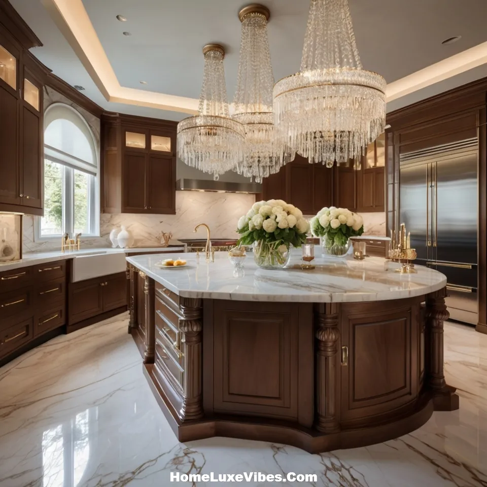 Luxury Kitchen with Glamorous Light Fixtures
