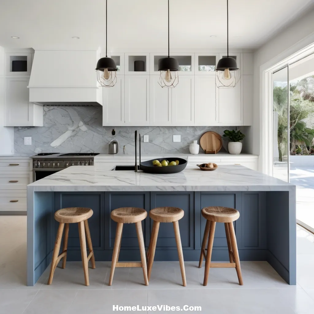 Modern Coastal Kitchen with Marble Countertops and Blue Accents result Modern Coastal Kitchen with Marble Countertops and Blue Accents