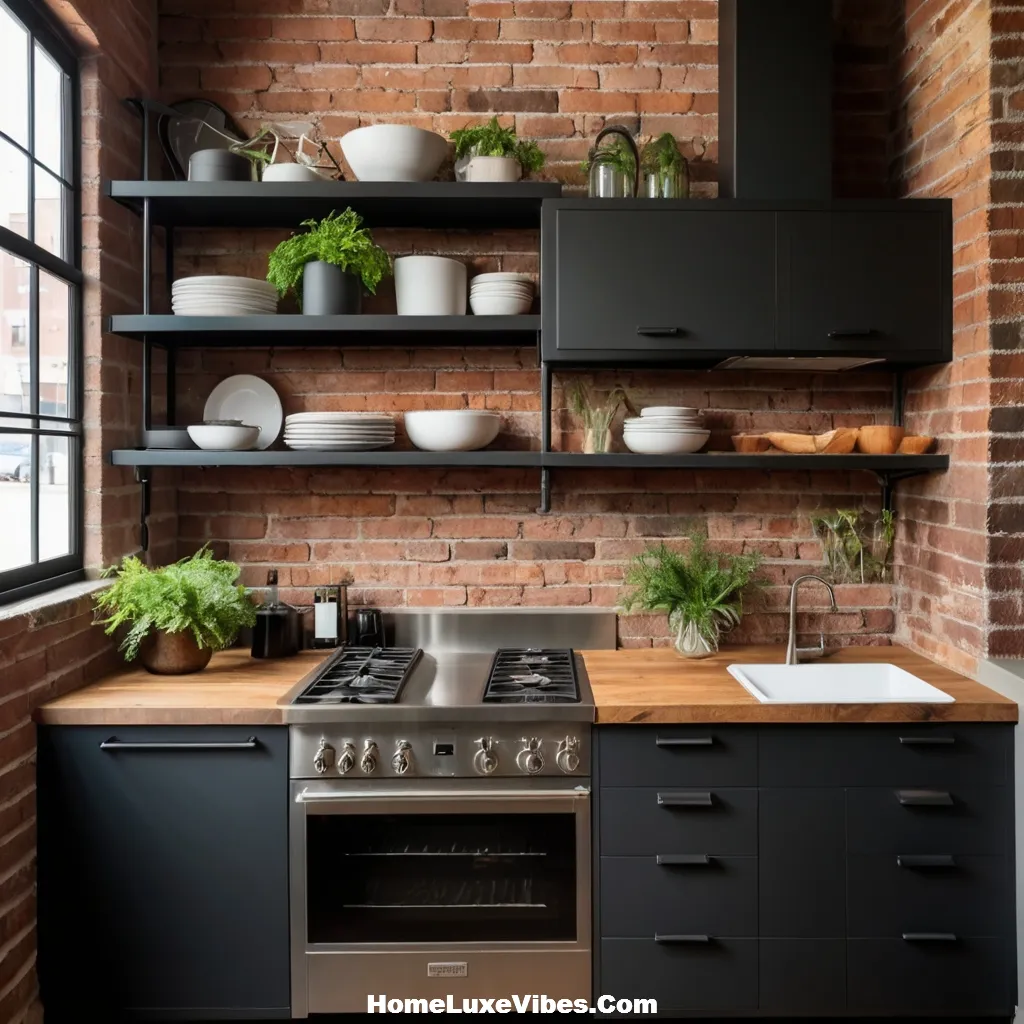 Modern Industrial Kitchen with Brick Wall and Black Cabinets result Modern Industrial Kitchen with Brick Wall and Black Cabinets
