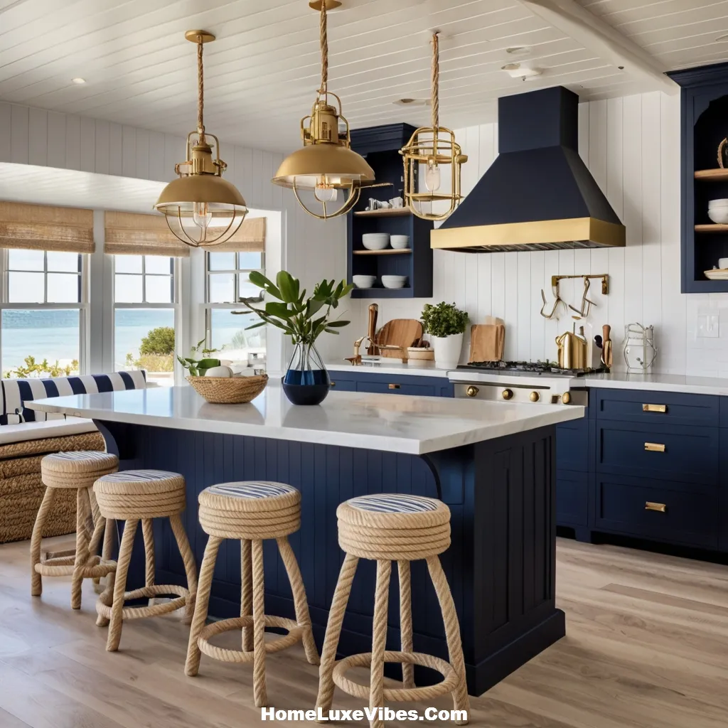 Nautical Coastal Kitchen with Navy Cabinets and Rope Lighting result Nautical Coastal Kitchen with Navy Cabinets and Rope Lighting