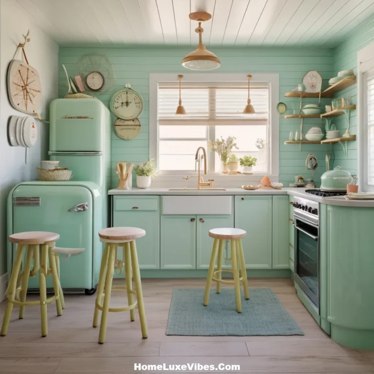 Retro Coastal Kitchen with Mint Green Appliances and Vintage Decor