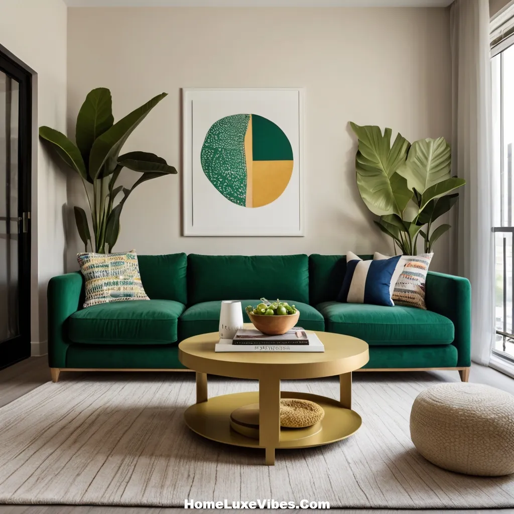 Small Apartment Living Room With Bold Sofa Color
