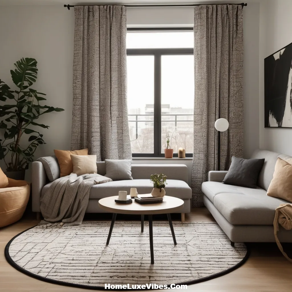 Small Apartment Living Room With Modern Curtains

