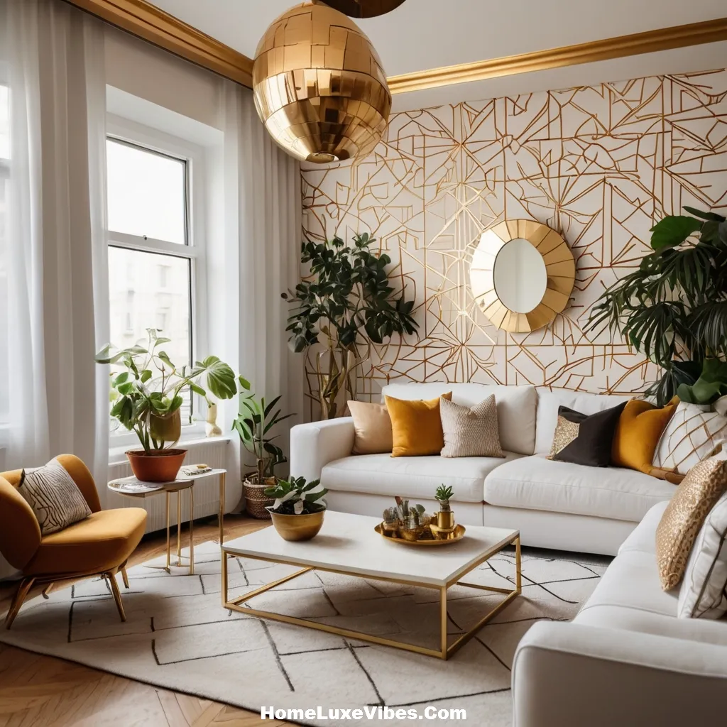 Small Apartment Living Room With Wallpapered Ceiling
