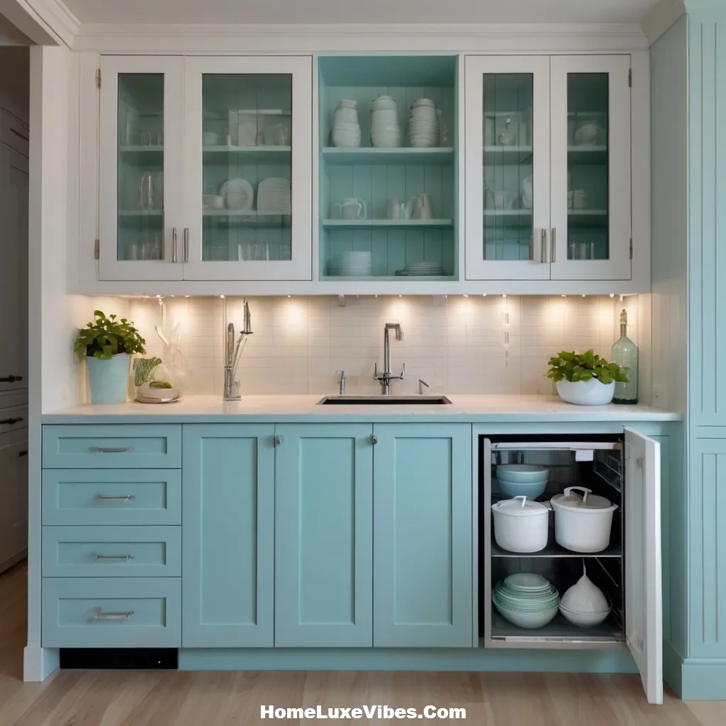 Small Coastal Kitchen with Glass Cabinets and Aqua Accents result Small Coastal Kitchen with Glass Cabinets and Aqua Accents