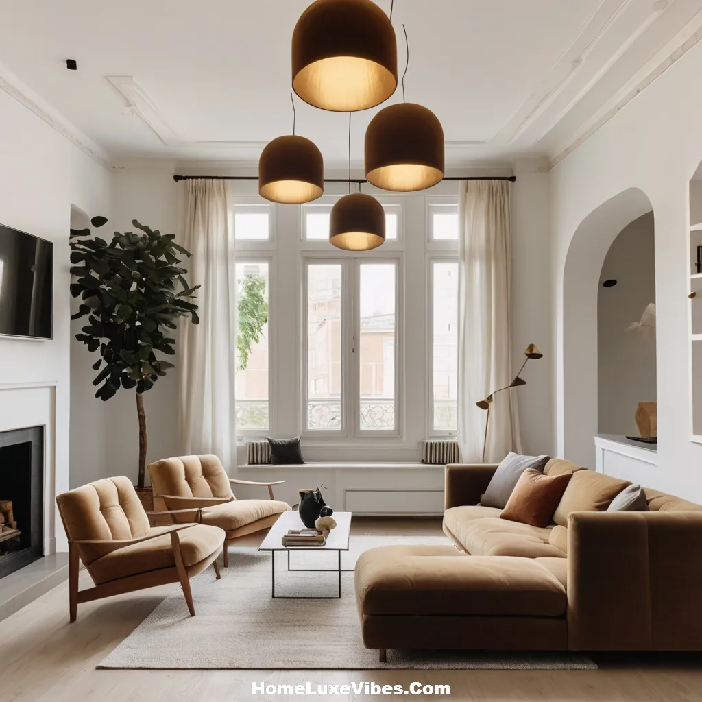 Small Living Room With Statement Lighting Fixture

