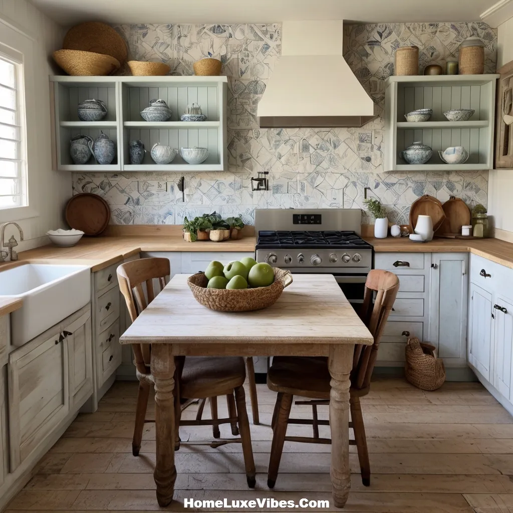 Vintage Coastal Kitchen with Whitewashed Cabinets and Patterned Tiles result Vintage Coastal Kitchen with Whitewashed Cabinets and Patterned Tiles